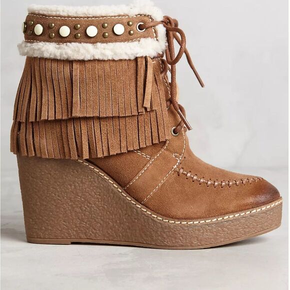 Anthropologie Sam Edelman Kemper brown Booties with boho festival fringe 10 - Picture 1 of 13